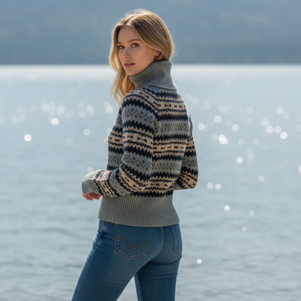 MaxMara Wool Turtleneck Sweater~Woven Pattern in Blue,Charcoal,Cream  size Small